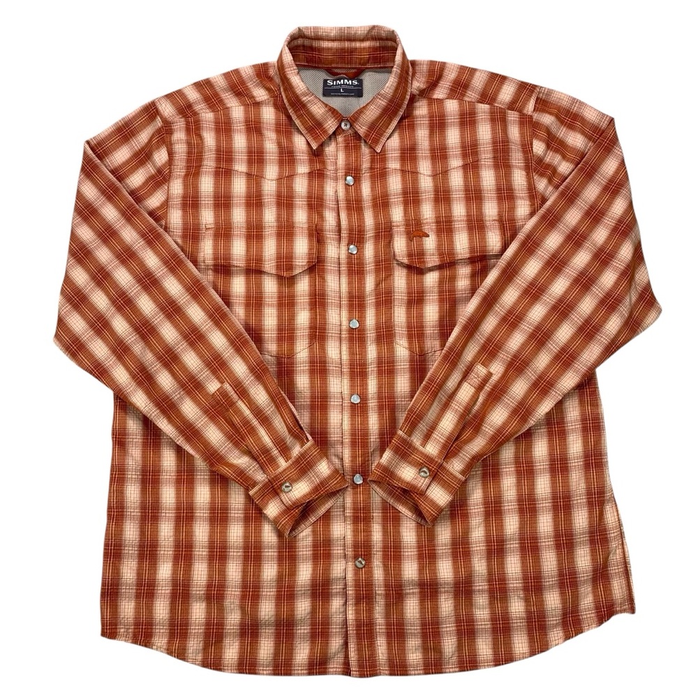 Simms Big Sky Men’s L Orange Plaid Long Sleeve Fishing Shirt Vented